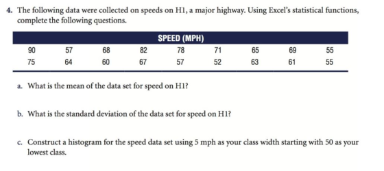 4. The following data were collected on speeds on H1, a major highway. Using Excels statistical functions, complete the following questions. 90 75 57 64 68 60 82 67 SPEED (MPH) 78 57 71 52 65 63 69 61 a. What is the mean of the data set for speed on H1? b. What is the standard deviation of the data set for speed on H1? c. Construct a histogram for the speed data set using 5 mph as your class width starting with 50 as your lowest class.
