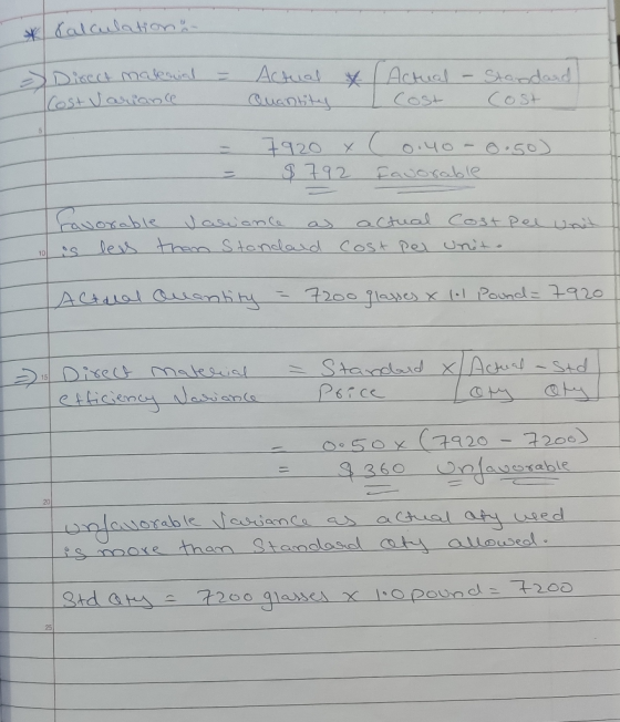 * Calculation : - Direct material Cost Variance Actual & Actual Standard © Quantity Cost Cost 7920 x C 0.40 - 0.50) $ 792. fa