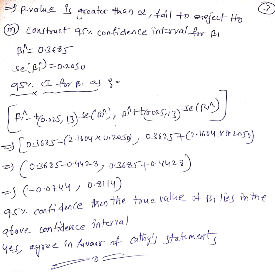 ? m & p-value is greater than a fail to areject Ho m Construct 95% confidence interval for Bi B^_0:3685 se(B^)=812050 95% CI