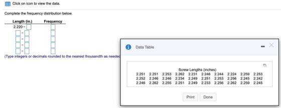 Click on icon to view the data. Complete the frequency distribution below. Length (in.) Frequency 2 220- i Data Table t (Typ