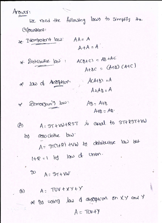 Anaos follosing lac to Simpity he eipuMon Tdempotent law: AA= A AtA A Birhiute lau AB AC ACB+C) CAta CAtC AtBc ACAbA ad d Ati