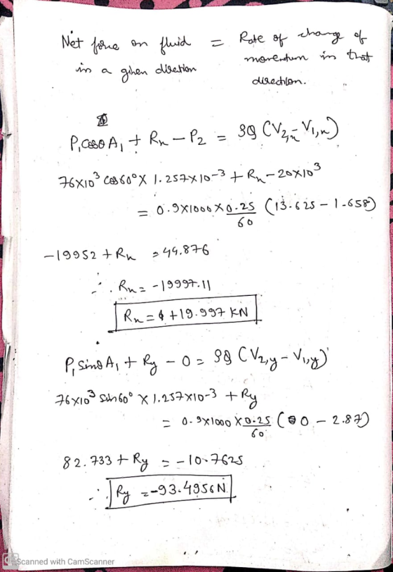 = Net force on in a ginen fluid direction Rate of change of morenturm in that direction. Picaso A, + Rx - P2 = 39 CVzn 1, n.)