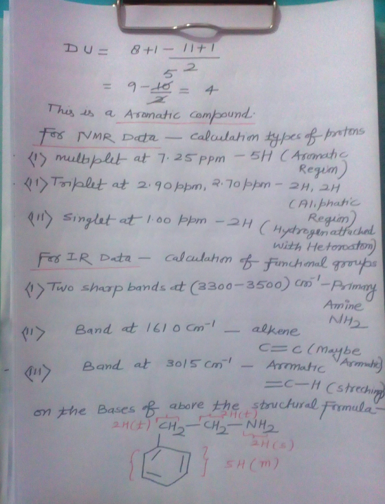 DU 8+ - II+I = 9-to = 4 This is a Aromatic compound For NMR Data – calculation types of protons (1) multiplet at 7.25ppm - 5H