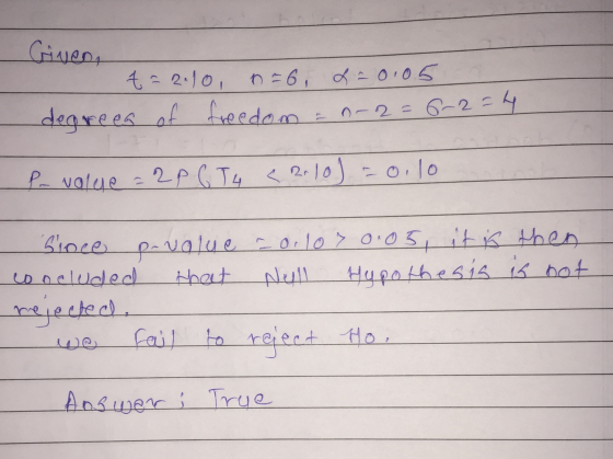 Given, t=2.10 n-6, 1-6, L-0105 degrees of 0-2 = 6-2=4 freedom Pa value = 20 6 T4 <2.10) = 0.10 Since p-value 0.10 > 0.05, it