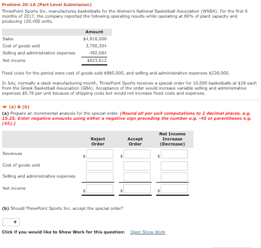 Problem 20-1A (Part Level Submission) ThreePoint Sports Inc. manufactures basketballs for the Womens National Basketball Ass