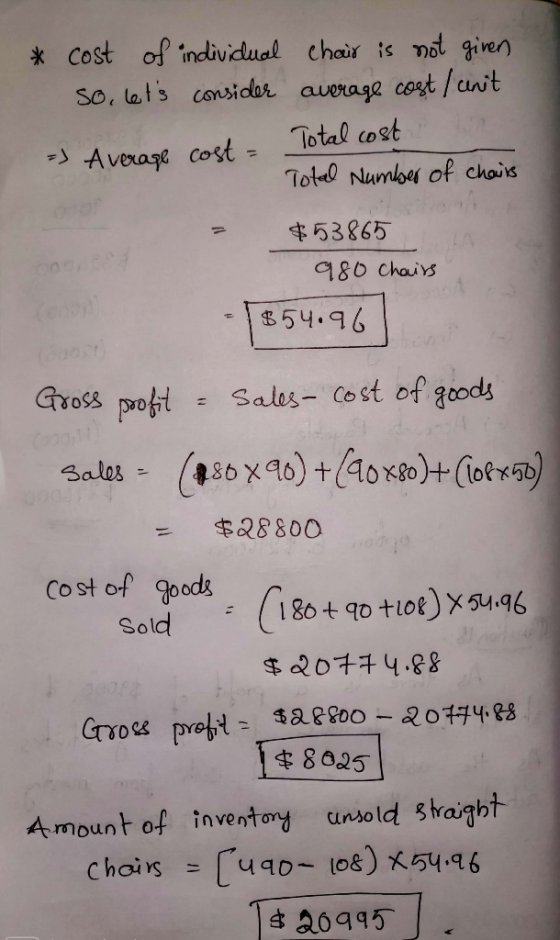 * cost of individual chair is not giver So, lets consider average cost / unit - Average cost = =) Total cost - Total Number