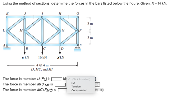 Using the method of sections, determine the forces in the bars listed below the figure. Given: X= 14 kN. K H G 3 m L M N 3 m
