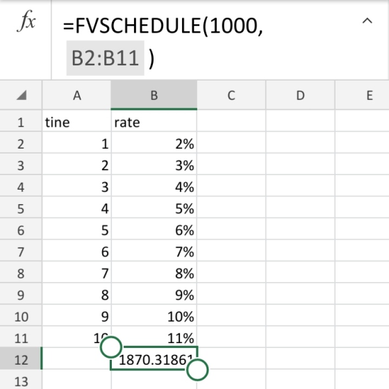D E 1 2. =FVSCHEDULE(1000, B2:B11 ) A B C tine rate 1 2% 3% 4% 5% 6% 7% 8% 9% 10% 11% T 1870.31861 5 6 7 8 oov 9 10 11 12 13