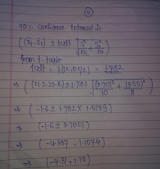 90°). confidence Poterial is 1 (0-12) I foot 15 ) from t-table toot E(12,0-1/2) = 1.982 * ((21-2-29-8) # 1:782 (0-70)2 + 13:5