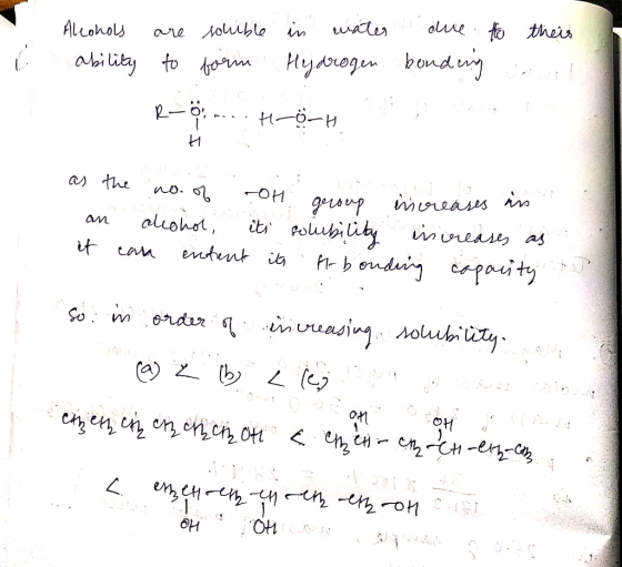 olue to theis water ALLohols are oluuble in bondwy Hyarogen aai lity to r H-Ö-H gusup mreass in goluility nreis as hb ouduiy