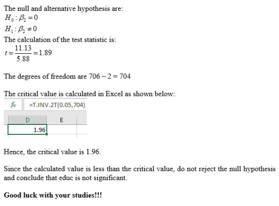 The null and alternative hypothesis are: H: B = 0 H: , 0 The calculation of the test statistic is: 11.13 = 1.89 5.88 The degr