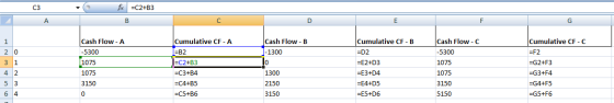 =C2+B3 fc В А Cash Flow - B 20 1-1300 Cash Flow - A -5300 [1075 1075 3150 Cumulative CF-A [=B2 |=C2+B3 =C3+B4 =C4+B5 =C5+B6 C