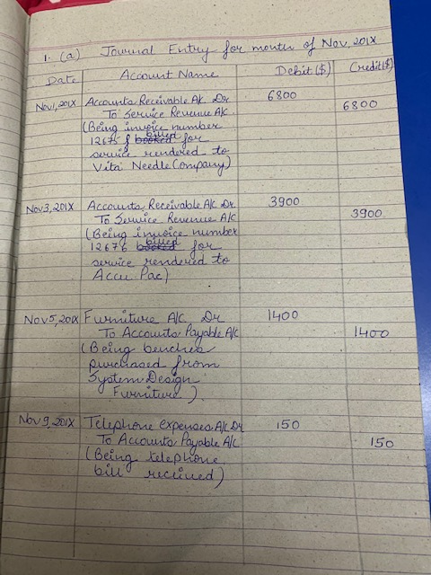 Jounial Entuy for moutin of Nov, 201X Debit ) CrediLIS) Account Name Date 6800 D. Nw ax Accounta Recivable Ak 6800 To Service