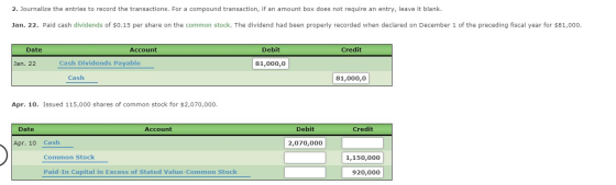 2. Journalize the entries to record the transactions. For a compound transaction, if an amount box does not require an entry,