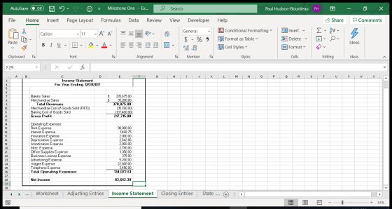 AutoSave Off A 2 0 Milestone One - Ex... Search Paul Hudson-Bourdeau - X Comments File Home Insert Page Layout Formulas Data