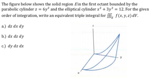 The figure below shows the solid region Ein the first octant bounded by the parabolic cylinder z = 6y2 and the elliptical cyl