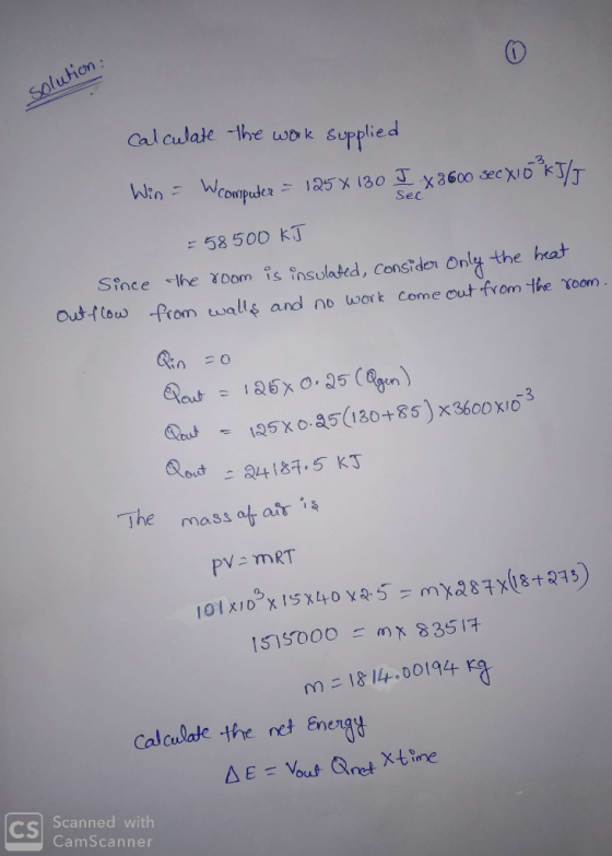Solution Sec calculate the work supplied ko - Monputa - 125 x 130 3 x 360o cx 5 kg = 58500 KJ Since the room is insulated, co