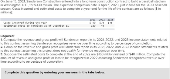 On June 15, 2021, Sanderson Construction entered into a long-term construction contract to build a baseball stadium in Washin