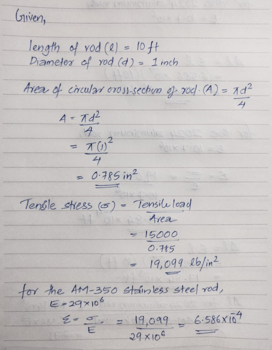 Given, length of rod (e) = 10ft Diameter of rod (d) = 1 inch Area of circular cross-section of yod.(A) - 1d? A=Td² = T() = 0.