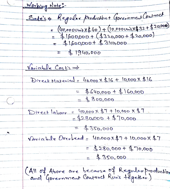 Working Note: Salles Regular production t Government Coulreick = 40,000 Unitx$ 40 ) +(10,000 vuitx$32+ $20,000) : $ 1600,000