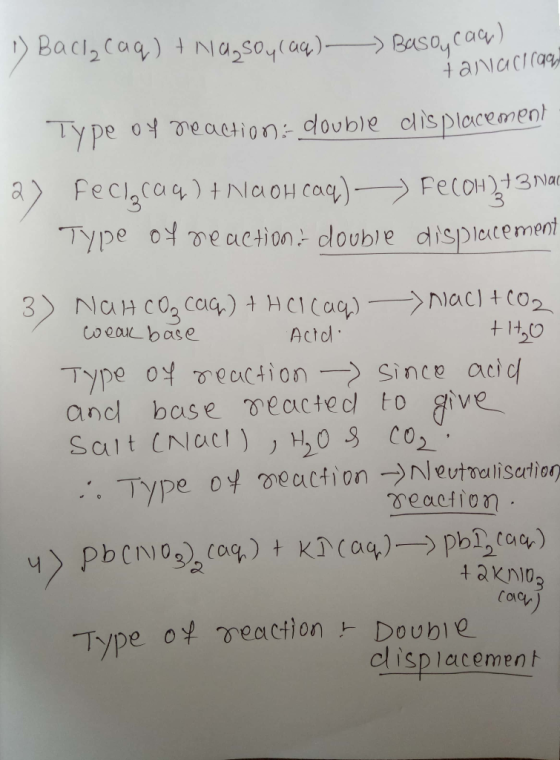 1) Baclacaq) + Nasoy (aq) ) Basoy cac) tanachlag Type oy reaction: double displacement 2) Feclaraq) + Nach caq)-Fecom)43 Nac