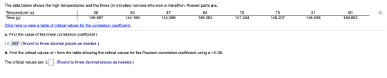 The data below shows the high temperatures and the times (in minutes) runners who won a marathon. Answer parts a-c. Temperatu