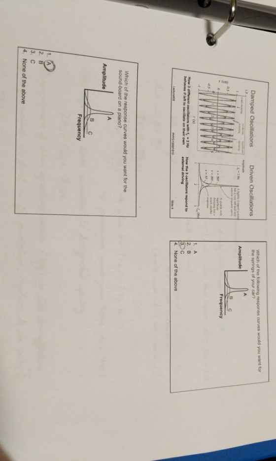 Which of the following response curves would you want for the springs of your car? Damped Oscillations Driven Oscillations Amplitude B C Frequency r (s) How 3 different oscillstors with ,-2 Hz behaves if left to oscillate on their own 2. B 3C 4. None of the above How the 3 driving tors repond te Which of the response curves would you want for the sound-board on a piano? Amplitude B C Frequency 2. B 3. C . None of the above