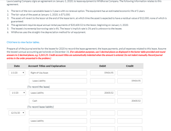 Laura Leasing Company signs an agreement on January 1, 2020, to lease equipment to Wildhorse Company. The following informati