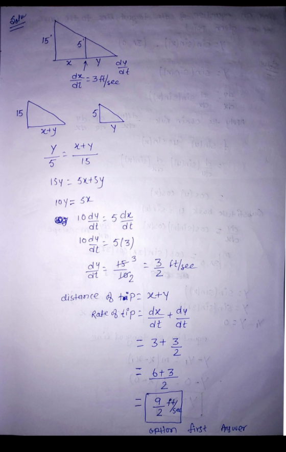Solu 15 5 a) o x у dy at dx = 3 ft/see het dz 15 5 xty Y 5 x+y 15 154 = 5x+3y 10%= 5x - 5 dx lody dt lody dt 3 ts at at di 20