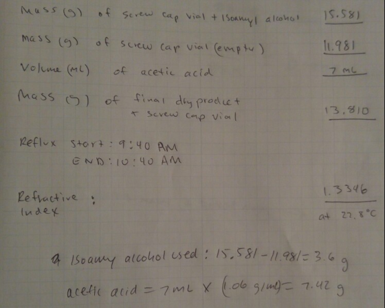 Mass (9) of 1s.58) Serew viel +ISoany altoho Cap mass ( of screw car vial (emptu It.981 Volume (m) of acetic acid 7 ML Mass )