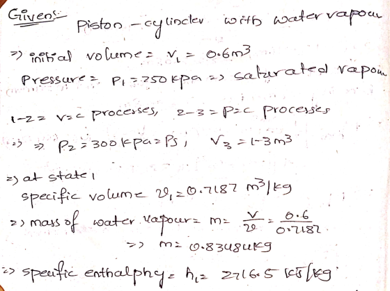 cylinchev Givens Piston with water vapour 2) initial volume = v Via 0.6m3 pressure = P1=250kpa as saturated rapon processes,