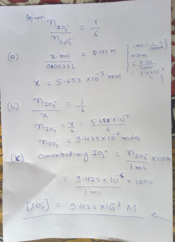 ns,os & ImL = 1 2 3 x mol = 0.145M TUO 0.39mL 0.00039 L = 0.39 ணெ = 3-9x104 x = 5-655x10 mol (b) 105 = 1 non = x= 5.6558105 N