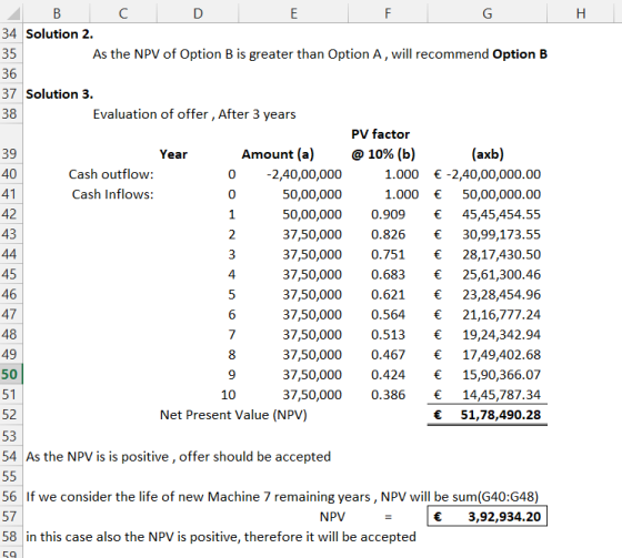 H 39 W NOO A B C D E F G 34 Solution 2. 35 As the NPV of Option B is greater than Option A, will recommend Option B 36 37 Sol