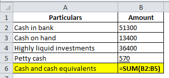 A 1 Particulars 2 Cash in bank 3 Cash on hand 4 Highly liquid investments 5 Petty cash 6 Cash and cash equivalents B Amount 5