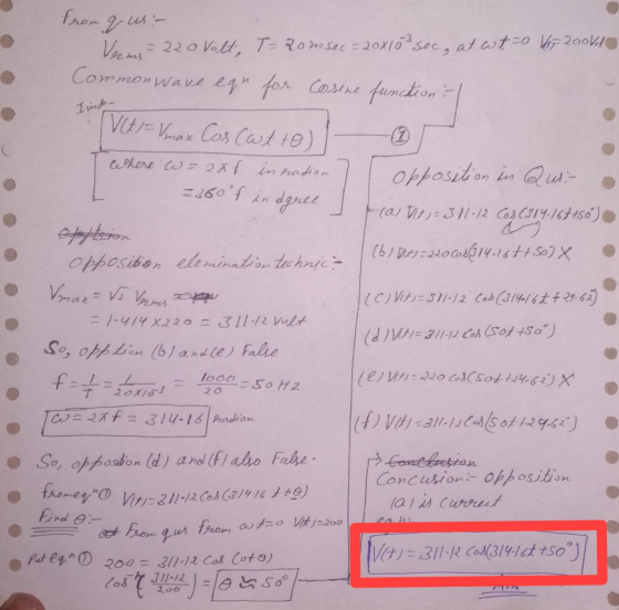 Vorms Imp- grel from q us- Veren= 220 Volt, T=Romsec=20x103 sec, at oto 4 200v4 Common wave equ for cosine function - | V = V