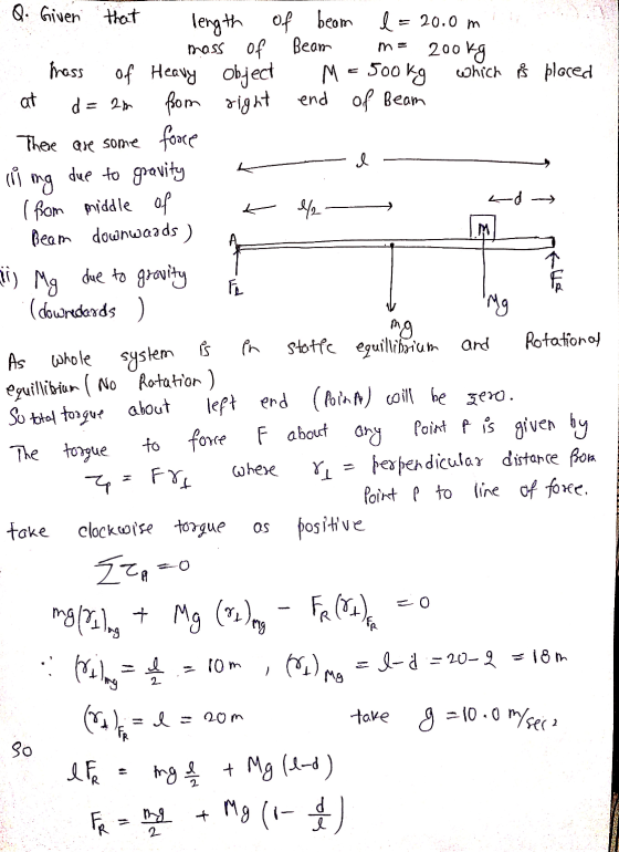 200kg i) Mg ol Q. Given that length of beam l = 20.0m mass of Beam mass of Heavy object M = 500kg which is placed at d = 2m f