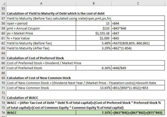 A B C 55 56 Calculation of Yield to Maturity of Debt which is the cost of debt 57 Yield to Maturity (Before Tax) calculated u