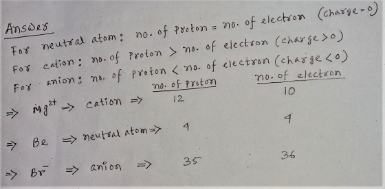 Answer For neutral atomo no. of Proton = no. of electron (charge=o) For cation: no. of Proton no. of electron (charge >o) For