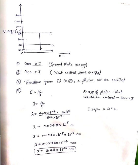 400 Enesy( 200t O - К— CGrOLund te energy) (First excited ptate energy) A4oo z J photon ull be emitted to (A Transtfion rom a