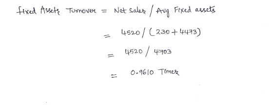 fixed Assets Turnover = Net sales / Aug Fixed assets = 45201 (230+4473) = 4520 / 4703 = 0.9610 Times