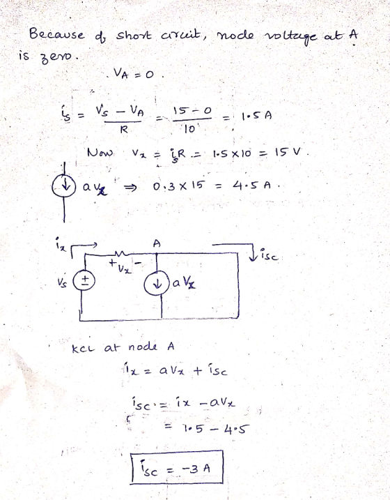 Because of short caruit, node voltage at A is zero.. VA -0. s vs - VA - 15+0 =105 A . VaiR.- 15 x 10 = 15 V. → 0:3 x 15 = 4.5