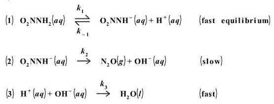 (i) o,NNH,(aq)^ o,NNH-(aq)+ H(aq) (fast equilibrium) 2) o,NNH(aN,olg)+a(slow) (3) H (aq)+OH-(aq)-> H,ov) (fast)