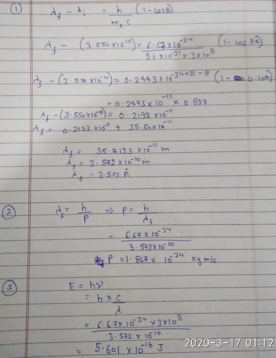 - Ai = (1-cesn) mec dg - (3.550 x180) = 6: 177 10 24 (1- cos 24) 9. 18103y 3x108 d -(3.550 X100) = 0.24434 16 34 +31 -3 (1-
