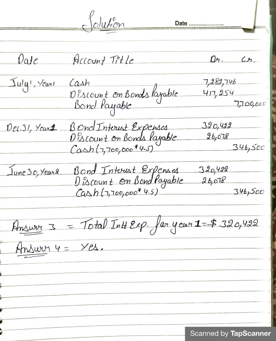 Solution Date Date Account Title Dr. cr. July, Year! Cash Discount on Bonds layable 7,282,746 417,254 2200,000 Bond Payable
