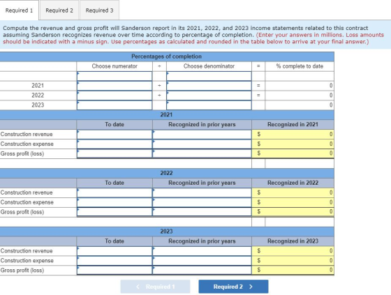 Required 1 Required 2 Required 3 Compute the revenue and gross profit will Sanderson report in its 2021, 2022, and 2023 incom