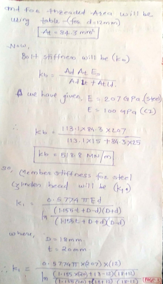 md for the eaded Area will be using table (from d=12mm) A84.5 mm Now, Bolt stiffnen will be (ko) ko Ad At Es Adat t Atld A we