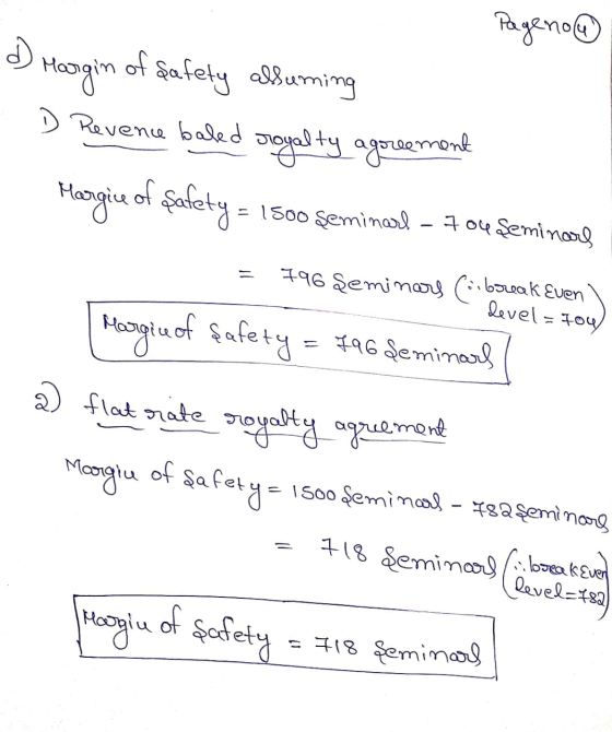 Pageno d) Hargin of safety assuming D Revenue baled royalty agoredemont Margin of safety 796 Seminars ( break Even Morgive of