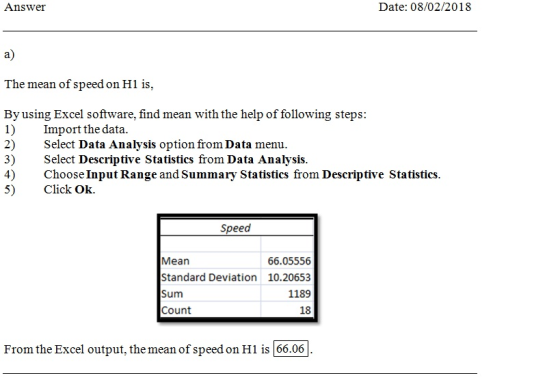 Answei Date: 08/02/2018 a) The mean of speed on H1 is, By using Excel software, find mean with the help of following steps 1)