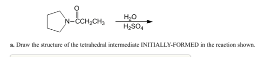 H20 N-CCH2CH3 H2SO4 a. Draw the structure of the tetrahedral intermediate INITIALLYFORMED in the reaction shown.