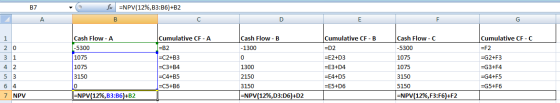 fx =NPV(12%,B3:36) +B2 Cash Flow - A Cash Flow-B - 1300 20 -5300 31 1075 1075 3150 Cumulative CF-A =B2 =C2+B3 =C3+B4 =C4+B5 =